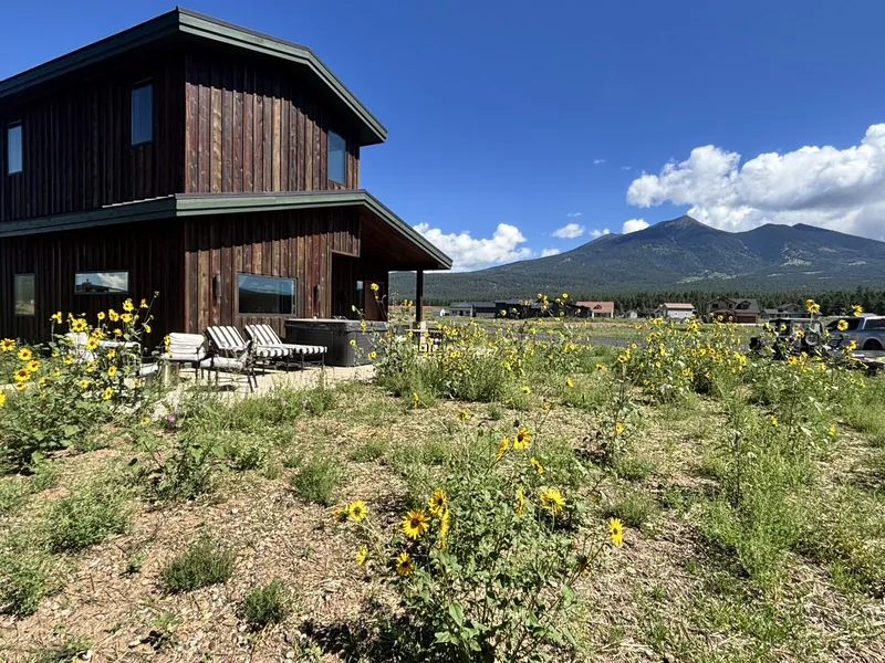 Finished exterior with wildflowers and mountain views